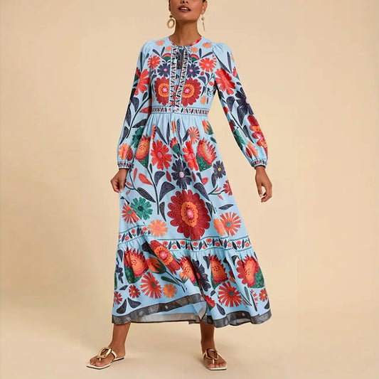 Women's Bohemian Floral Print Dress Cuff Long Sleeve Round Neck Maxi Dress For Spring&Fall