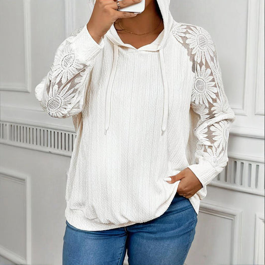 Women's Plus Size Hoodie Lace Long Sleeve Pullover Top, Fall Casual Drawstring Sweatshirt