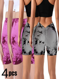 4-Pack Women’s Tie-Dye Scrunch Butt Workout Shorts – High-Waisted Gym Activewear