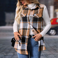 Women's Plaid Print Vest With Lapel Collar Long Sleeveless Button Front Mid-Length Jacket For Spring And Fall Layering
