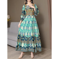 Women's Bohemian Print Maxi Dress, Ethnic Style Round Neck 3 4 Sleeve Embroidered Flowy Party Dress