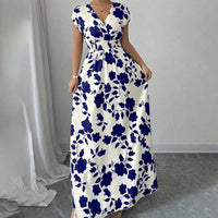 Women's Wrap V Neck Short Sleeve Empire Elastic Waist Summer Casual Elegant Maxi Long Dresses