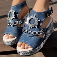 Newspaper Buckle Denim Wedge Slides - Anklet Not Included