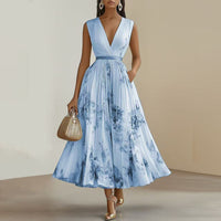 Women's Deep V-Neck Floral Print Sleeveless Maxi Dress With Pockets - Flowy Ruffle Hem Summer Beach Dress