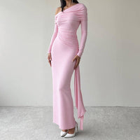 Women's Elegant One-Shoulder Ruffle Dress, Long Sleeve Bodycon Gown With Flowing Ribbon For Spring And Fall