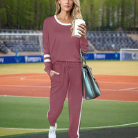 Women's Casual Striped Tracksuit Set, Long Sleeve Crewneck Sweatshirt And Drawstring Jogger Pants, 2-Piece Outfit For Spring And Fall