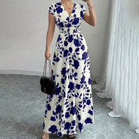 Women's Wrap V Neck Short Sleeve Empire Elastic Waist Summer Casual Elegant Maxi Long Dresses