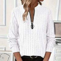 Women's Elegant Half-Zip Knit Sweater Round Neck Long Sleeve Pullover For Solid Color Casual Wear