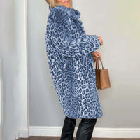 Women's Leopard Print Plush Jacket, Cozy Loose-Fit Warm Coat Elegant Medium-Length Fall Winter Outwear