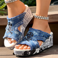Newspaper Skull Original Hem Platform Wedge Slides - Anklet Not Included