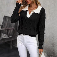 Women's Lapel Long Sleeve Contrast Color Knitted Sweater
