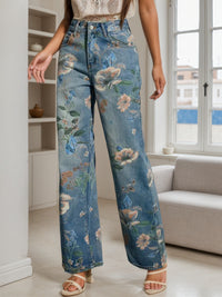 2025 New Women's Fashion Printed Jeans, Straight Leg Loose Wide Leg Pants, Suitable For A Variety Of Wear, Spring Summer Autumn Clothing, Women's Wear