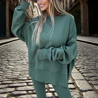 Women's Solid Color 2-Piece Set Casual Tracksuit, Long Sleeve Crewneck Sweatshirt With Side Slits & Slim Fit Jogger Pants