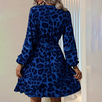 Women's Leopard Print Ruffle Hem Long Sleeve V Neck Belted A Line Dress