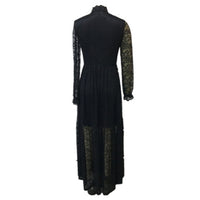 Women's Black Stand Collar Long Sleeve Dress With Button Front & Lace Detail - Flowy Spring Summer Maxi Dress