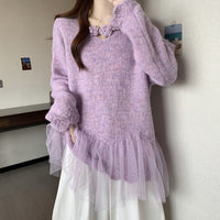 Plus Size Women's Floral Lace Trim Sweater, Long Sleeve Eyelet Knit Top With Decorative Flowers For Autumn And Winter