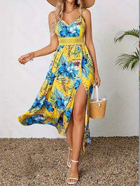 Printed V-neck Brace Lace Stitching High Slit Dress