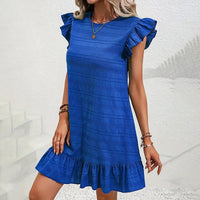 Womens Plus Size Round Neck Solid Dress Falbala Sleeveless Ruffled Summer Dress With Pleated Detail
