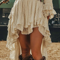 Lace Trim Retro Midi Dress – Deep V-Neck Asymmetrical Long Sleeve Dress