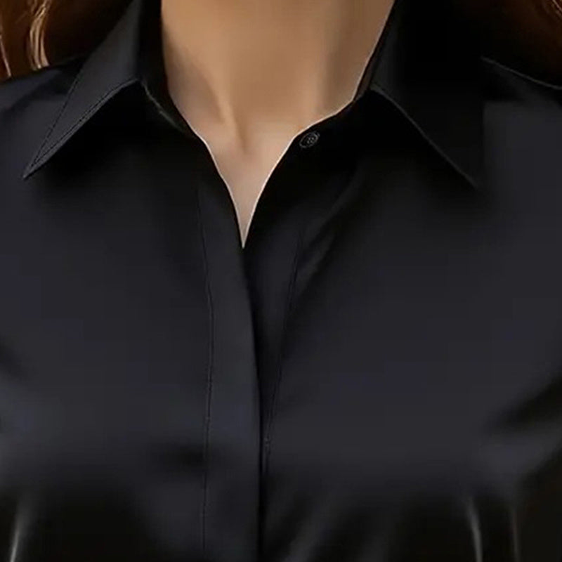 Fleece Bathrobe Satin Blouse, V Neck Loose Fit Tunic Top For Business Casual Office Fall