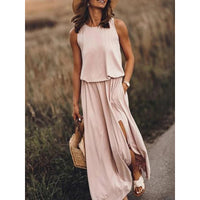 Women's Maxi Dress Summer Sleeveless Crewneck Sundress Casual Loose Long Dresses With Pockets