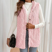 Women's Textured Sleeveless Hooded Vest, Button-Front Layering Piece For Fall & Winter Outfits