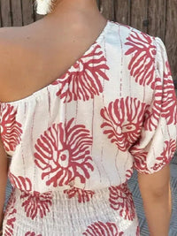 Summer New Fashion Elegant Red Slant Shoulder Printed Short Skirt Asymmetric Sleeves