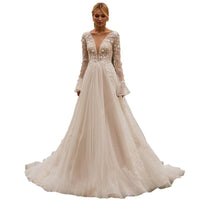 Sexy See-through Wedding Long Sleeve Embroidered Deep V Puffy Wedding Dress