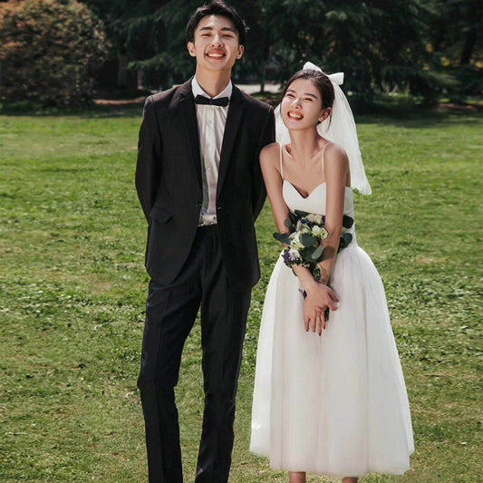 White Minimalist Suspender Women's Wedding Dress