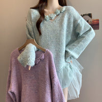 Plus Size Women's Floral Lace Trim Sweater, Long Sleeve Eyelet Knit Top With Decorative Flowers For Autumn And Winter