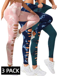 3 PACK Butt Hollow Out Tummy Control Sports Leggings Tie Dye Running Pants -