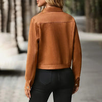 Women's Faux Suede Cropped Jacket, Vintage Stand Collar Short Coat Casual Button Up Fall Outwear