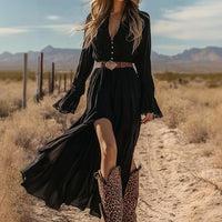 Women's Vintage Western V-Neck Dress A-Line The Waist Lace Trim Casual Asymmetric Hem Summer Dress