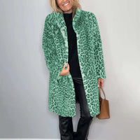 Women's Leopard Print Plush Jacket, Cozy Loose-Fit Warm Coat Elegant Medium-Length Fall Winter Outwear