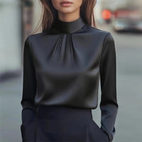 Women's Solid Color Long Sleeve Turtleneck Shirt, Pleated Detail Blouse For Office Wear And Formal Occasions