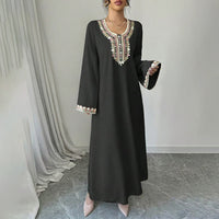 Women's Middle Eastern Embroidered Maxi Dress - Round Neck Long Sleeve Flowy Kaftan With Exquisite Embroidery, Loose Fit