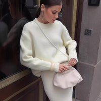 Short-length Gray Pullover Women's Alpaca Round Neck Sweater