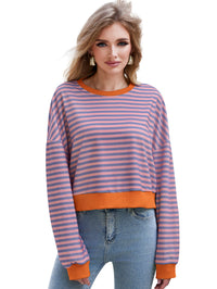 Women's Long Sleeved Striped Round Neck Sweater Top