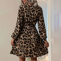 Women's Leopard Print Ruffle Hem Long Sleeve V Neck Belted A Line Dress