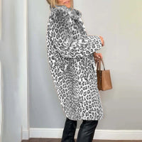 Women's Leopard Print Plush Jacket, Cozy Loose-Fit Warm Coat Elegant Medium-Length Fall Winter Outwear