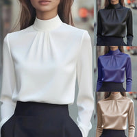 Women's Solid Color Long Sleeve Turtleneck Shirt, Pleated Detail Blouse For Office Wear And Formal Occasions