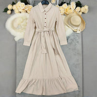 Elegant Fall Maxi Dress – Polo Collar Long Sleeve Tiered Ruffle Shirt Dress