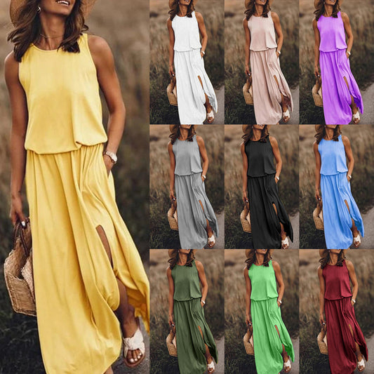 Round Neck Sleeveless Split Solid Color Dress
