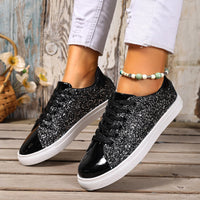 Plus Size Sequined Front Lace-up Solid Color Plus Size Board Shoes