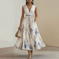 Women's Deep V-Neck Floral Print Sleeveless Maxi Dress With Pockets - Flowy Ruffle Hem Summer Beach Dress