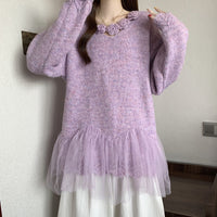 Plus Size Women's Floral Lace Trim Sweater, Long Sleeve Eyelet Knit Top With Decorative Flowers For Autumn And Winter