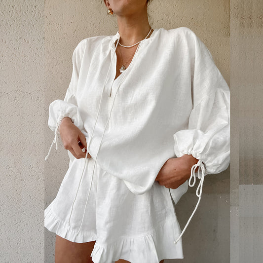 Women's Solid Color 2-Piece Set V-Neck Tie Long Sleeve Top With Short Ruffle Hem & Elastic Waist Shorts Casual Elegant Outfit