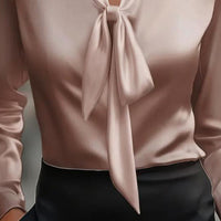 Women's Elegant Satin Blouse, Long Sleeve Button Down Shirt With Ribbon Detail For Office Work