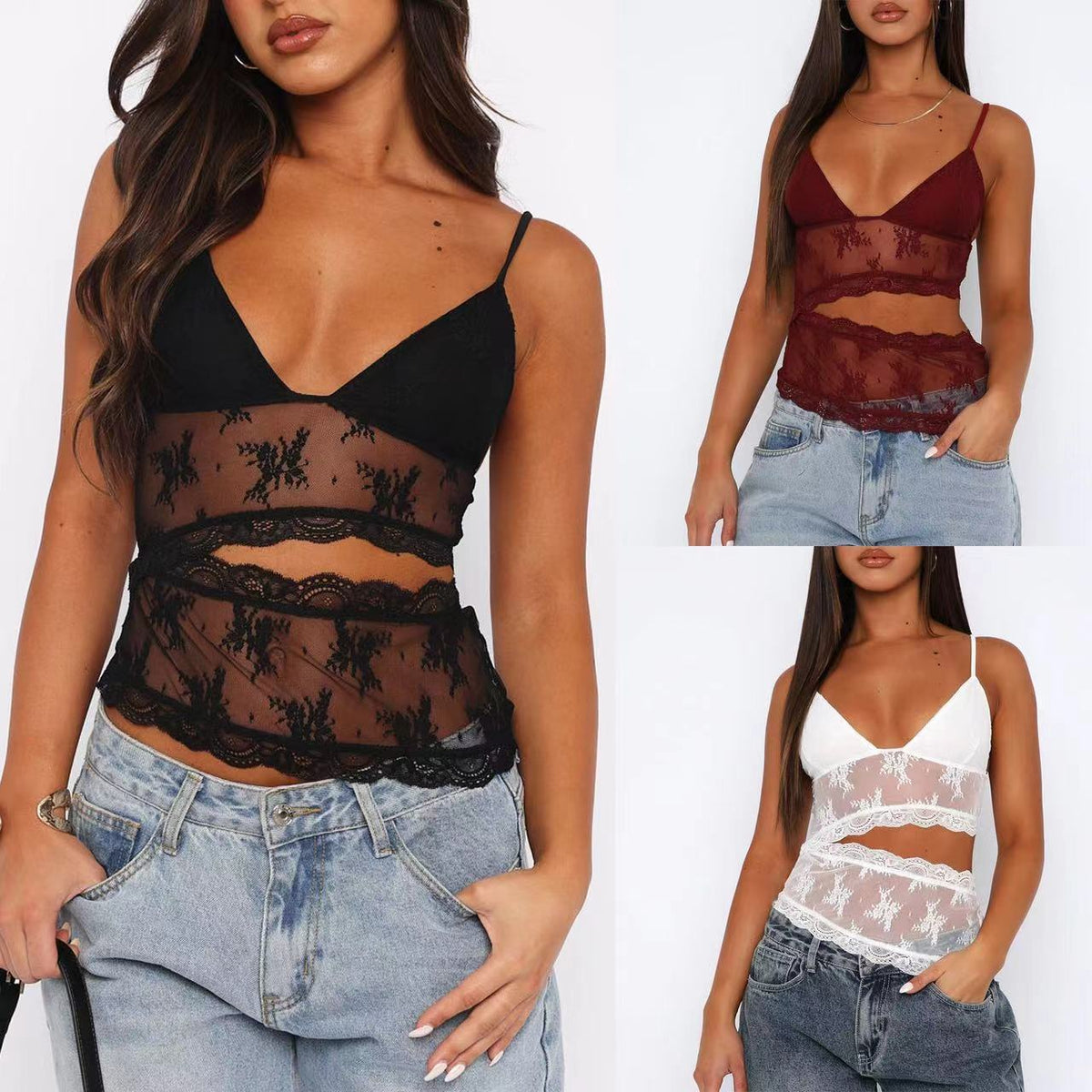 Lace Stitched Backless V-Neck Bralette – Candy Color Sling Tank Top for Women