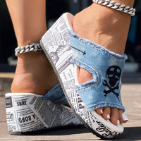 Newspaper Skull Original Hem Platform Wedge Slides - Anklet Not Included